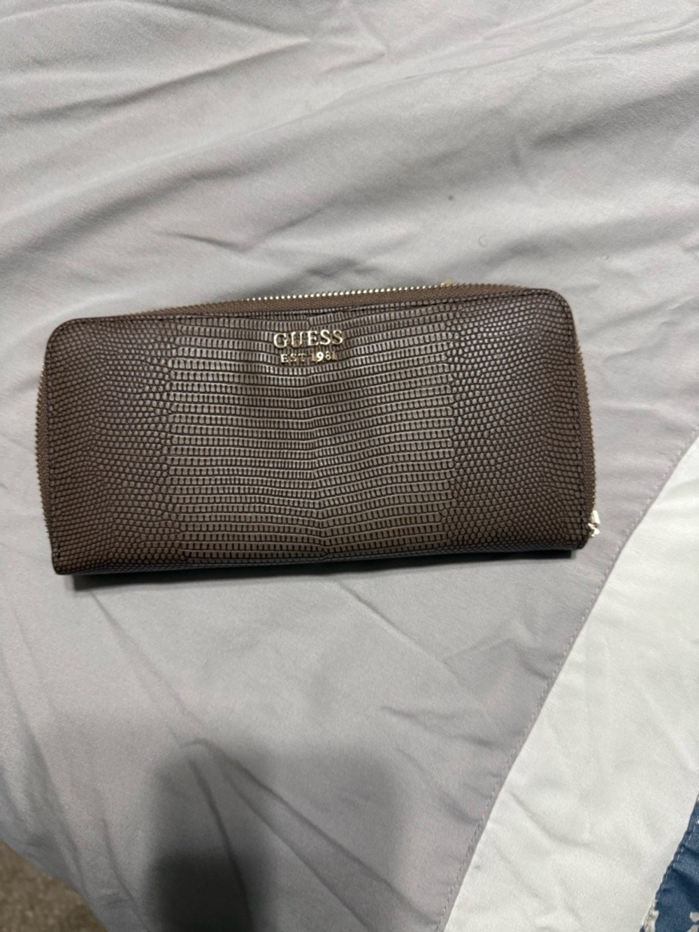 Guess Brown Textured Zip Wallet with Gold Logo